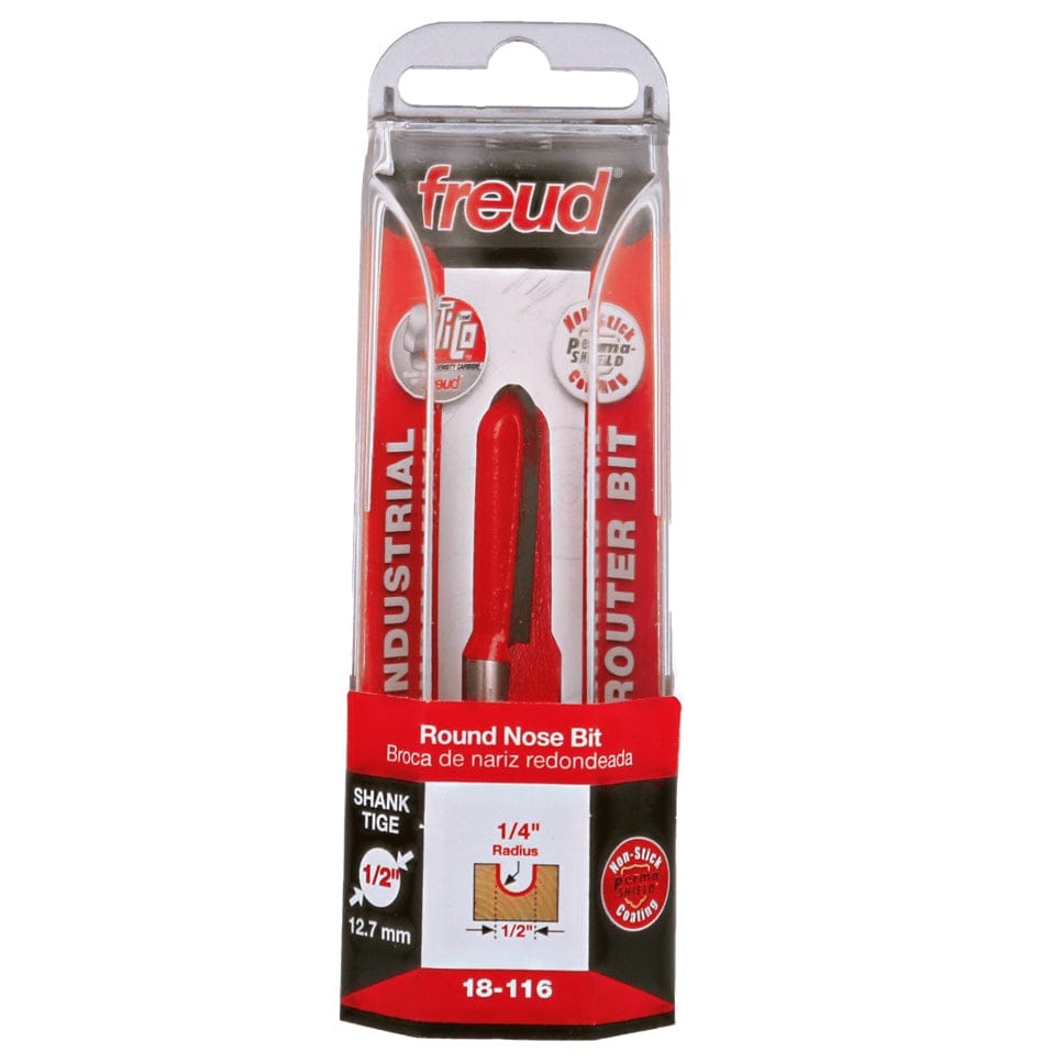 Retail clamshell packaging for the Freud 18-116 industrial round nose bit, highlighting the 1/4-inch radius, 1/2-inch diameter, and 1/2-inch shank size for professional woodworking.