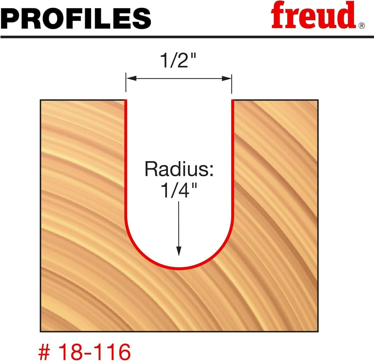 A technical profile diagram for the Freud 18-116 core box bit, illustrating a precise 1/2-inch wide by 1/4-inch radius semi-circular concave cut in a wood workpiece.