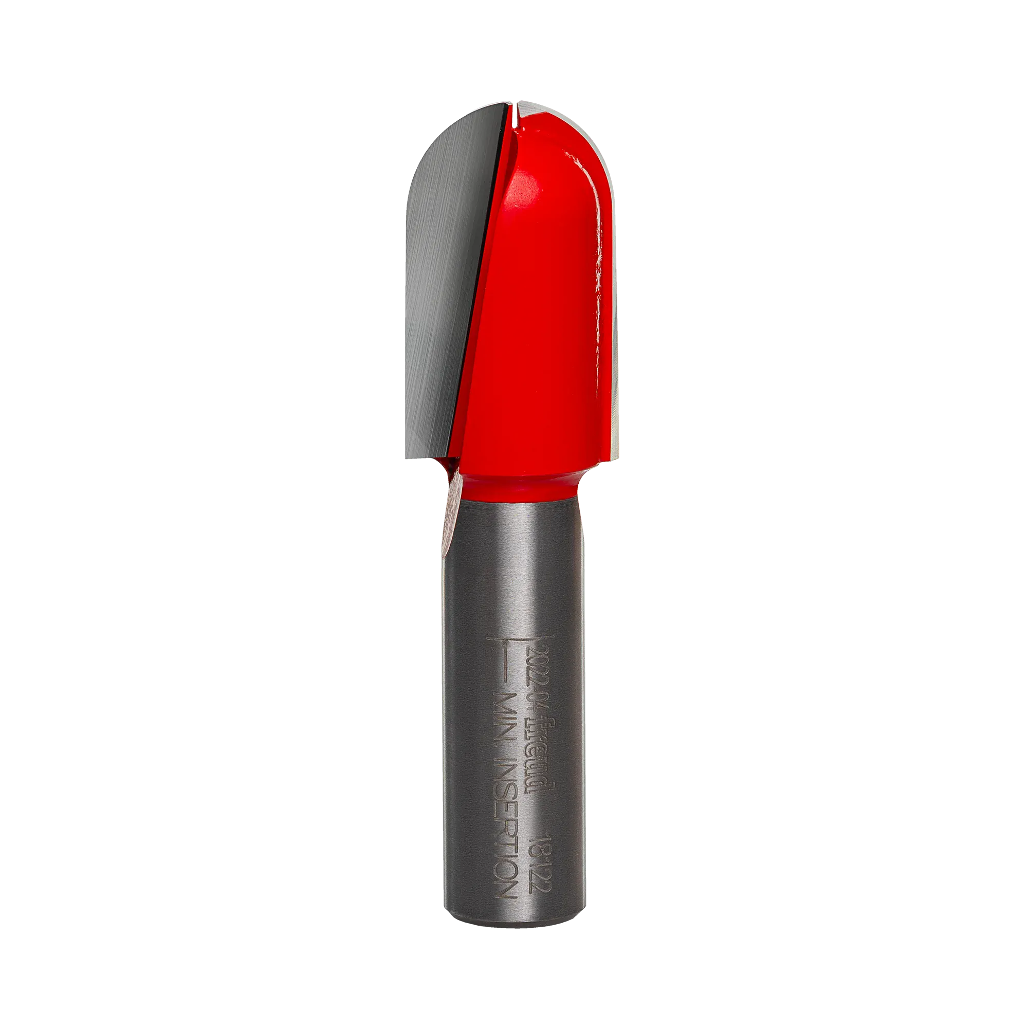 A side-profile view of the Freud 18-122 3/8-inch radius round nose bit against a white background, highlighting the precision-ground carbide flutes and laser-etched model identification on the shank.