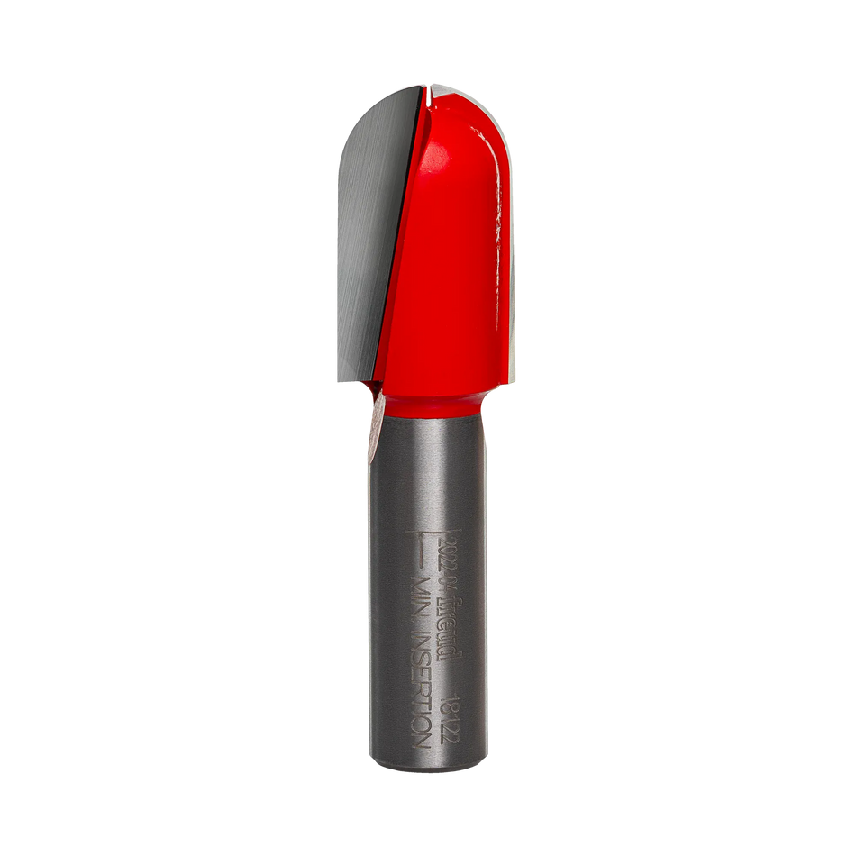 A side-profile view of the Freud 18-122 3/8-inch radius round nose bit against a white background, highlighting the precision-ground carbide flutes and laser-etched model identification on the shank.