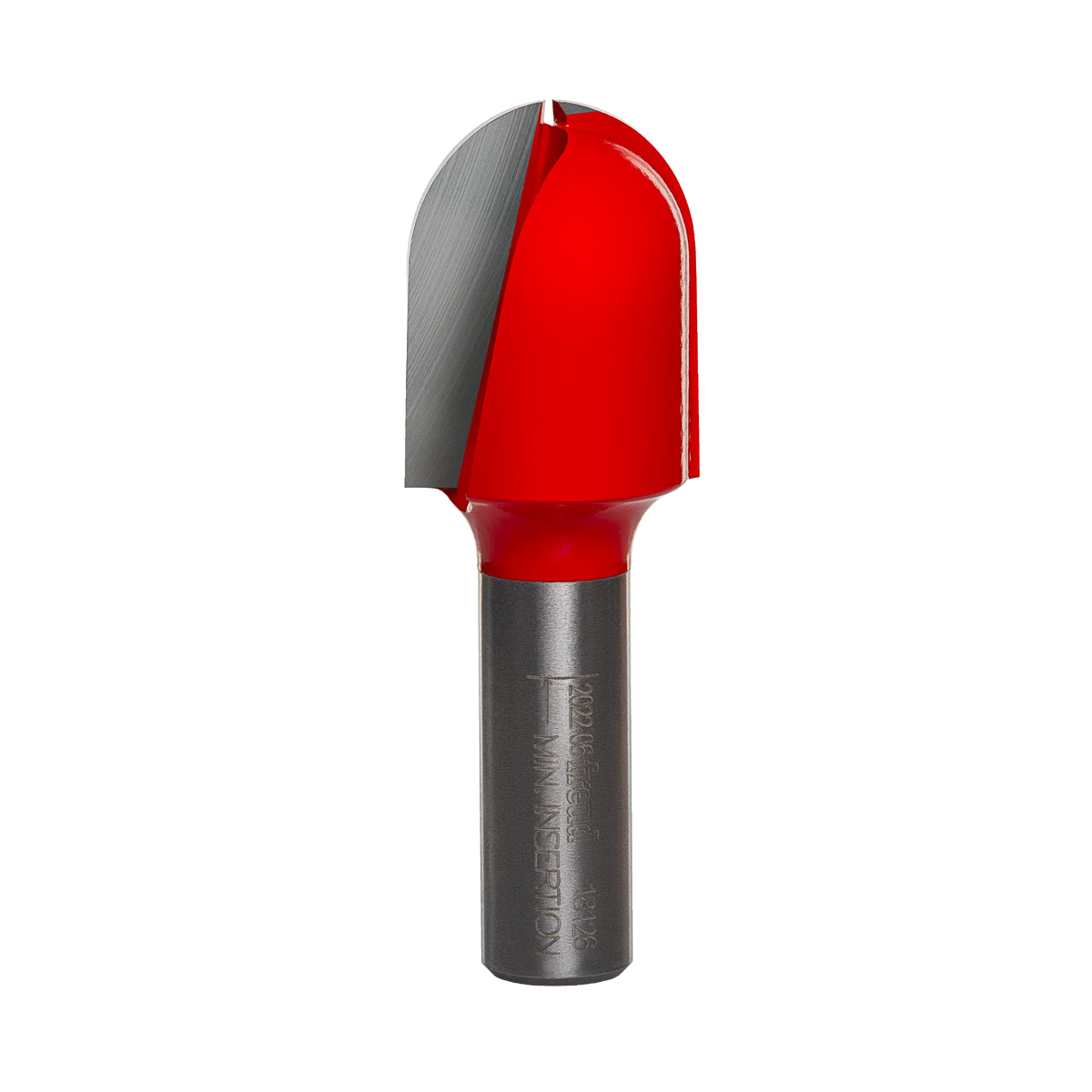 Studio product view of the Freud 18-126 router bit, featuring a 1/2-inch silver shank and a red Perma-SHIELD coated round nose cutting head with a 1/2-inch radius tip.