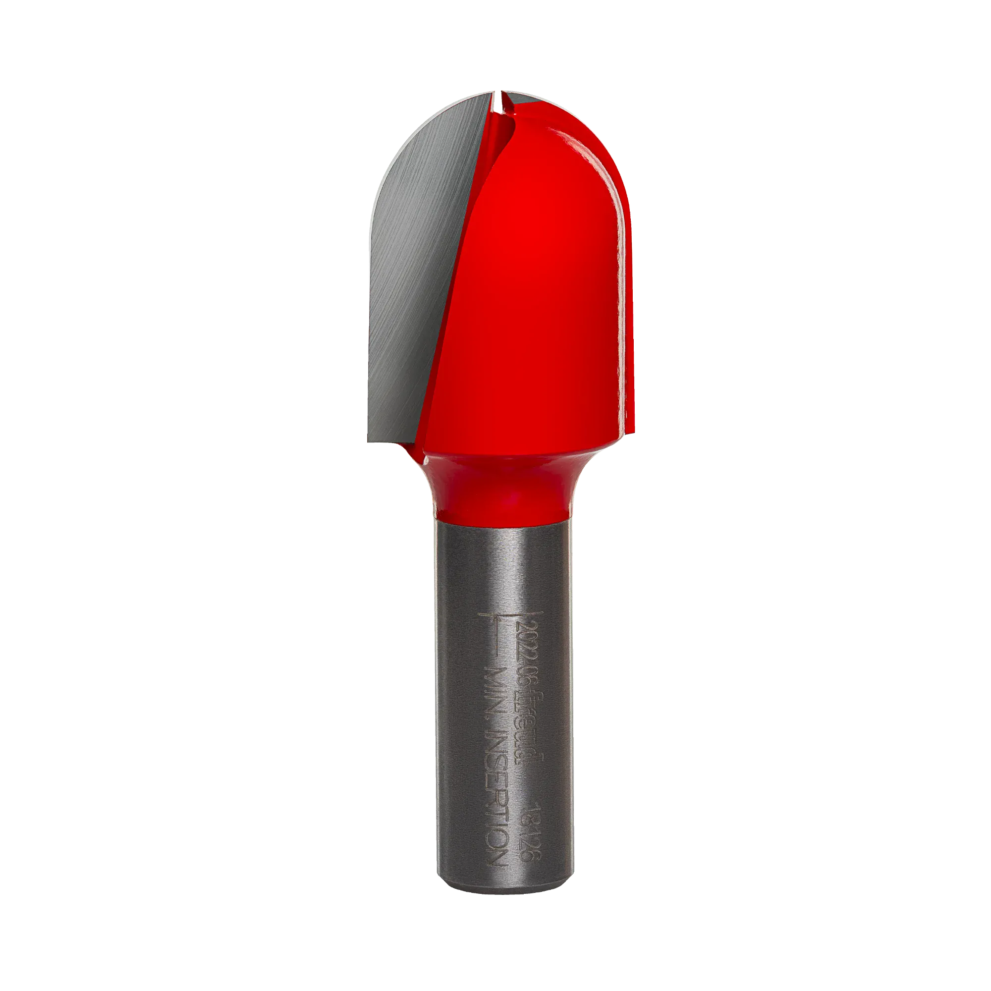 Studio product view of the Freud 18-126 router bit, featuring a 1/2-inch silver shank and a red Perma-SHIELD coated round nose cutting head with a 1/2-inch radius tip.