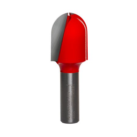 Studio product view of the Freud 18-126 router bit, featuring a 1/2-inch silver shank and a red Perma-SHIELD coated round nose cutting head with a 1/2-inch radius tip.
