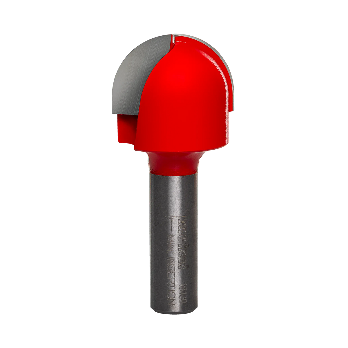 Studio product view of the Freud 18-130 router bit, featuring a 1/2 inch silver shank and a red Perma-SHIELD coated round nose cutting head with a 5/8 inch radius tip.