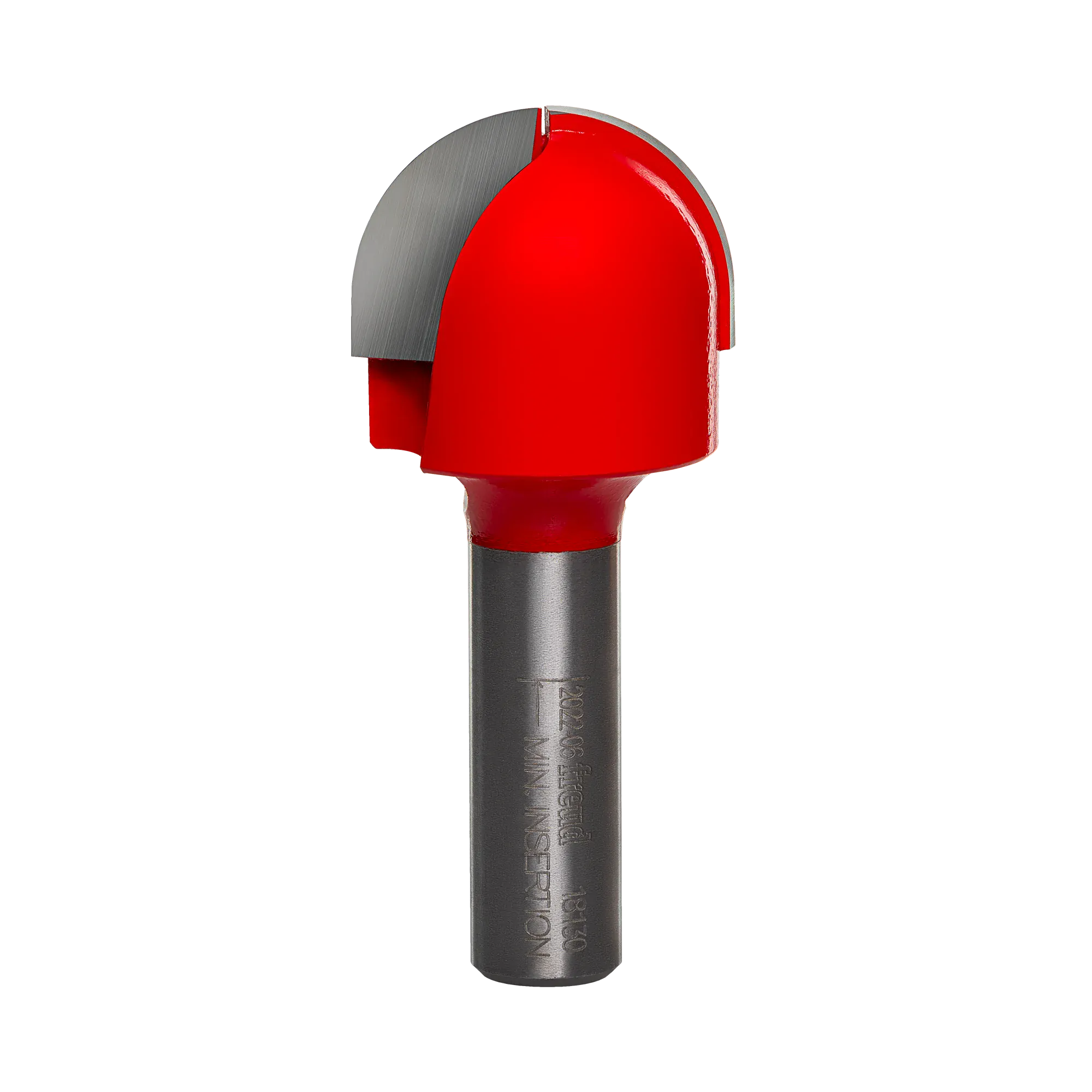 Studio product view of the Freud 18-130 router bit, featuring a 1/2 inch silver shank and a red Perma-SHIELD coated round nose cutting head with a 5/8 inch radius tip.
