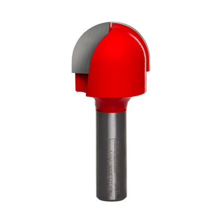 Studio product view of the Freud 18-130 router bit, featuring a 1/2 inch silver shank and a red Perma-SHIELD coated round nose cutting head with a 5/8 inch radius tip.