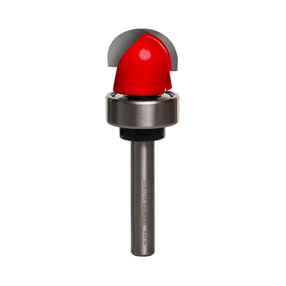 A studio product photograph of the Freud 18-512 Round Nose router bit featuring a red solid carbide head, a top-mounted silver ball bearing pilot, and a silver 1/4 inch shank.