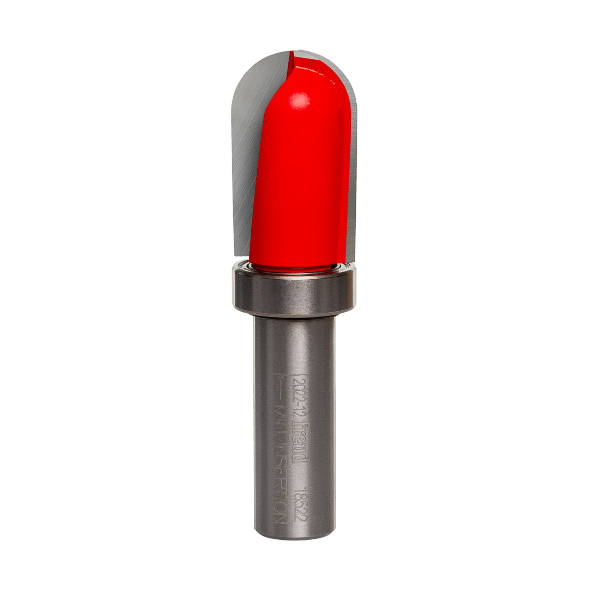 A studio product view of the Freud 18-522 round nose router bit, featuring a red cutting head with a rounded silver carbide tip, a top-mounted steel ball bearing for template guidance, and a polished steel shank.