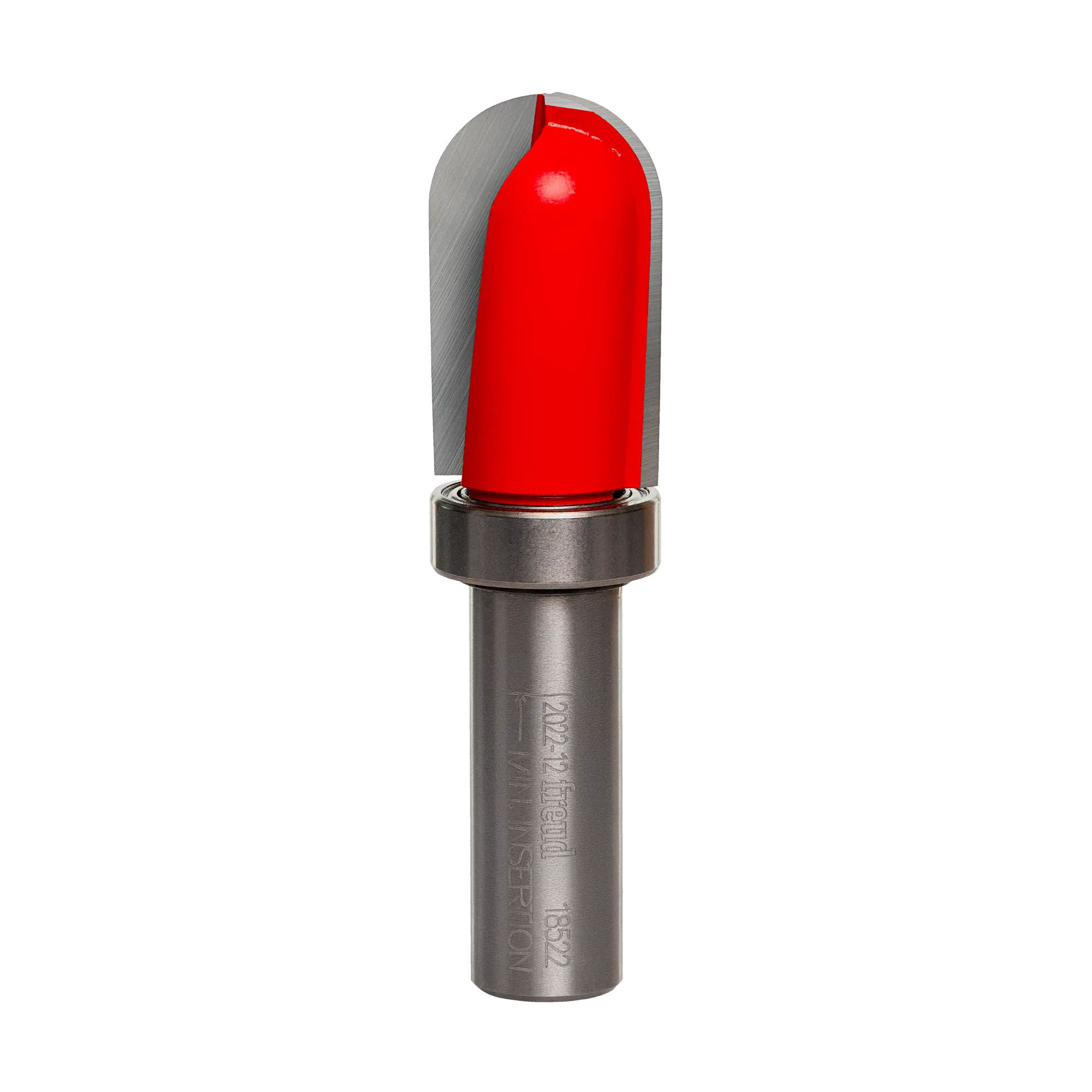 A studio product view of the Freud 18-522 round nose router bit, featuring a red cutting head with a rounded silver carbide tip, a top-mounted steel ball bearing for template guidance, and a polished steel shank.