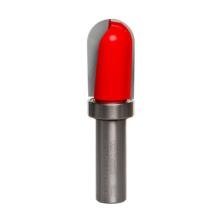 A studio product view of the Freud 18-522 round nose router bit, featuring a red cutting head with a rounded silver carbide tip, a top-mounted steel ball bearing for template guidance, and a polished steel shank.