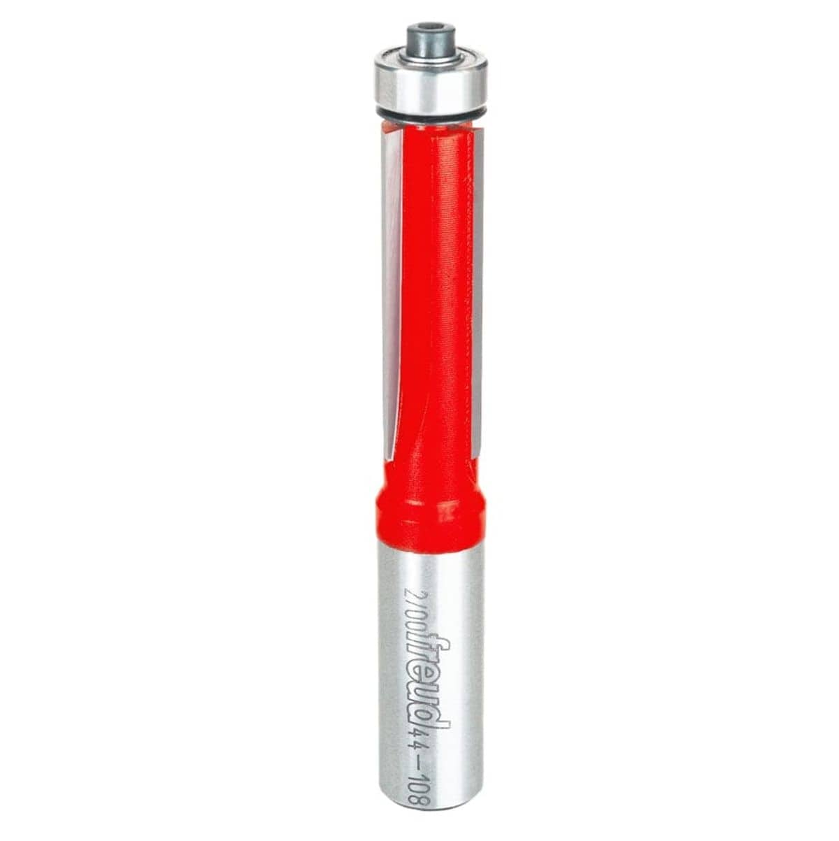 Freud 44-108 1/2 inch diameter three-flute flush trim router bit shown with a red body, silver shank, and top-mounted bearing.