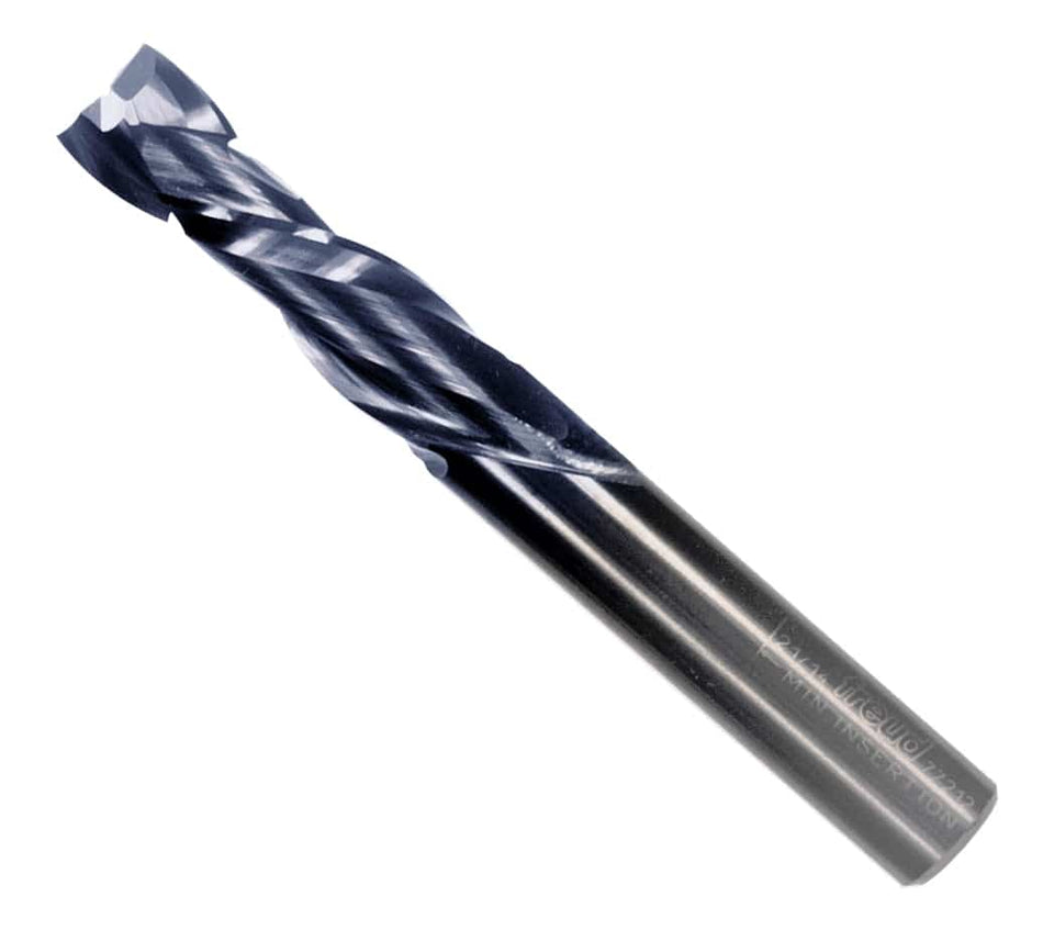 Individual Freud 1/2-inch double compression spiral router bit made of solid carbide with a Black I.C.E. industrial cooling coating and 1/2-inch shank.