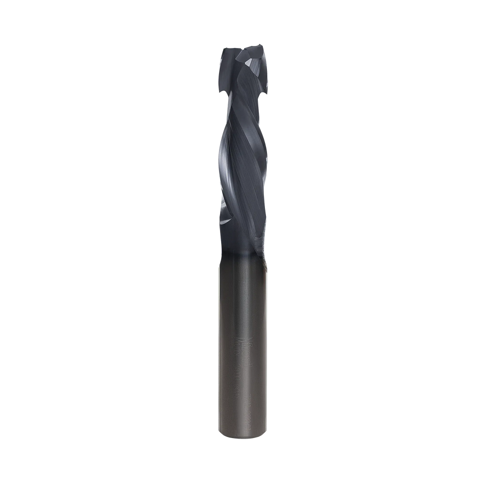 Individual Freud 1/2-inch double compression spiral router bit made of solid carbide with a Black I.C.E. industrial cooling coating and 1/2-inch shank.