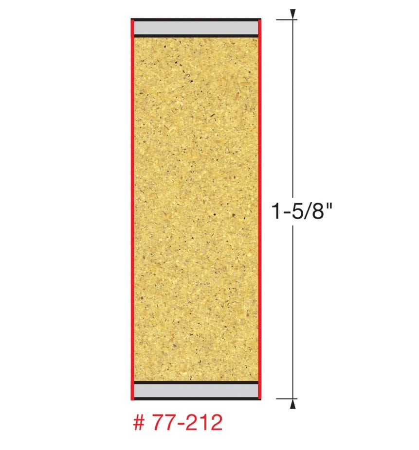 Technical diagram for the Freud 77-212 compression bit showing a 1-5/8 inch carbide cutting height designed to compress wood fibers toward the center of the board.