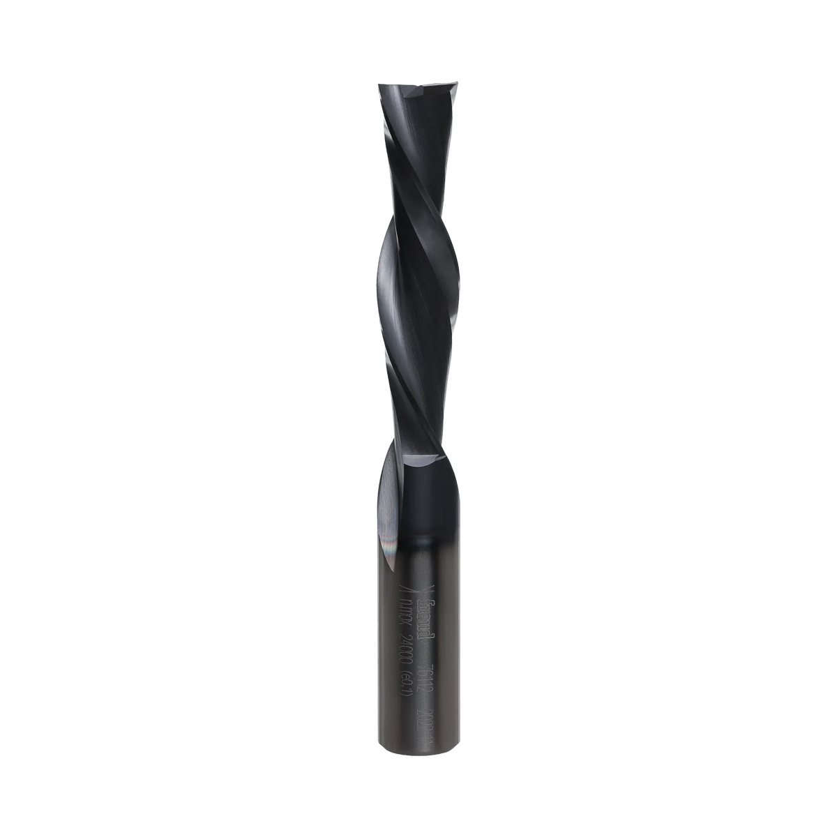 Full vertical profile of the Freud 1/2-inch diameter downshear spiral router bit highlighting the precision-ground solid carbide flutes and industrial cooling coating.
