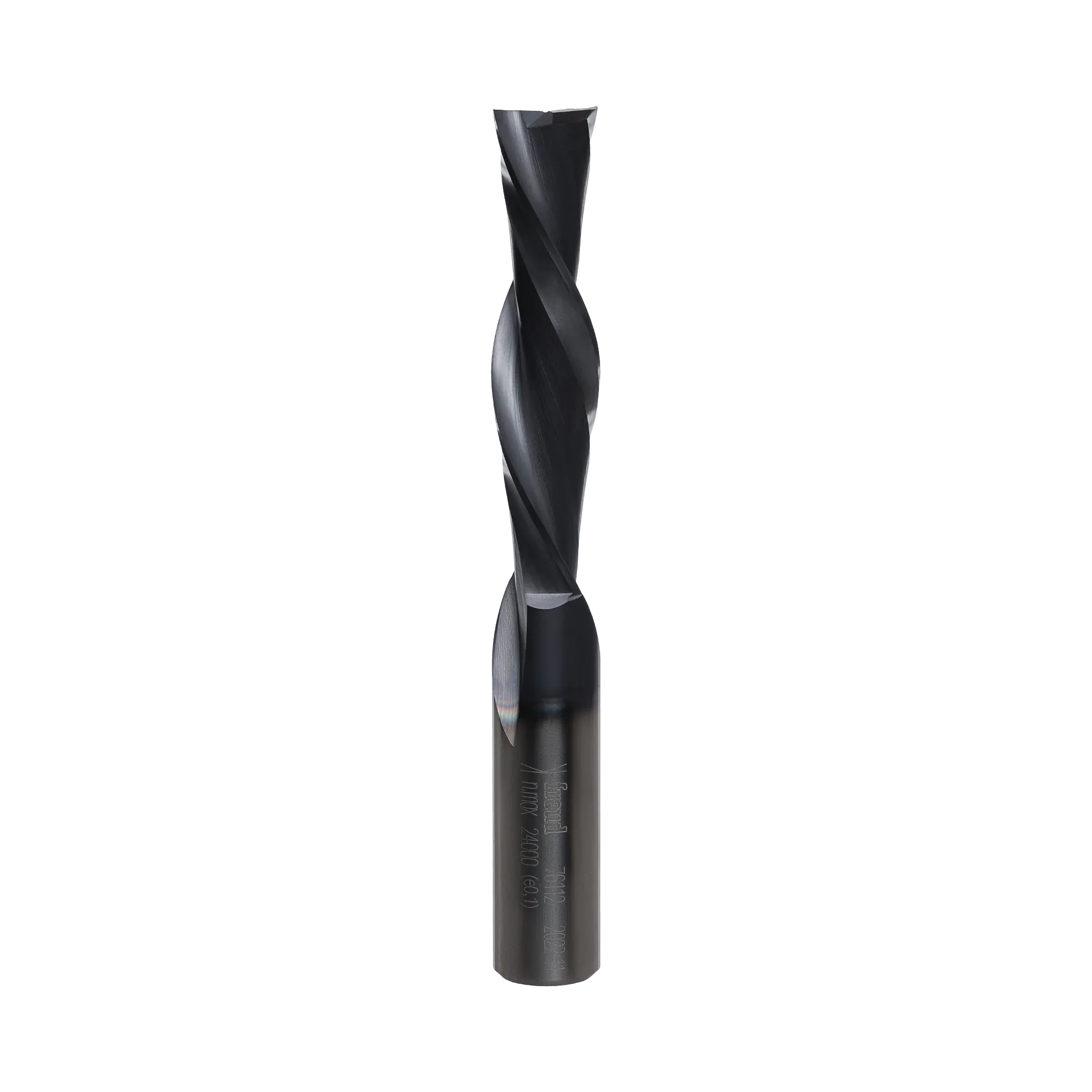 Full vertical profile of the Freud 1/2-inch diameter downshear spiral router bit highlighting the precision-ground solid carbide flutes and industrial cooling coating.
