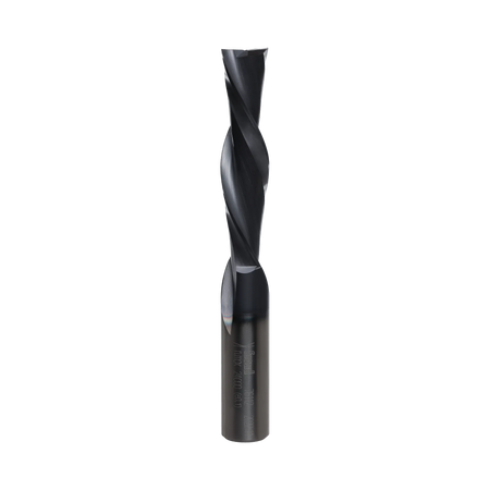 Full vertical profile of the Freud 1/2-inch diameter downshear spiral router bit highlighting the precision-ground solid carbide flutes and industrial cooling coating.