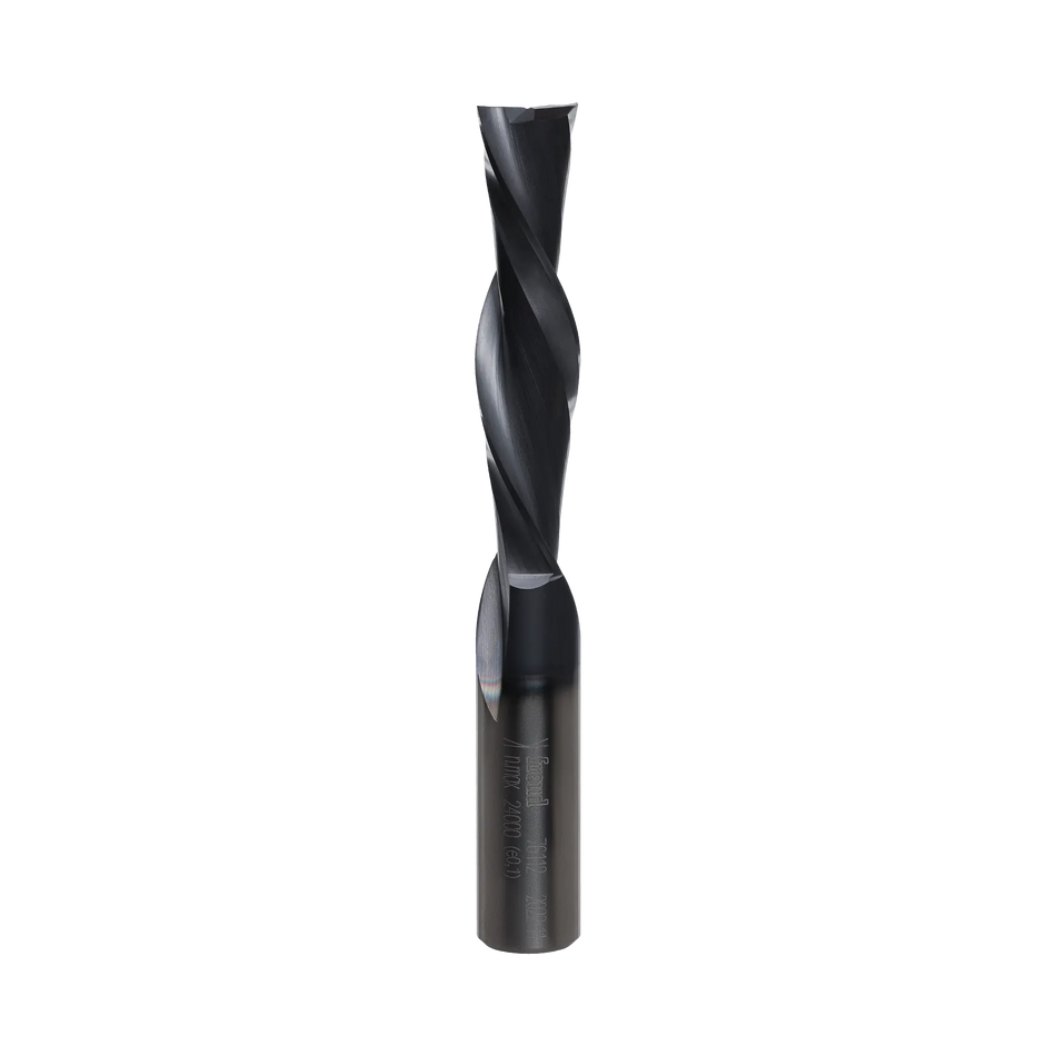 Full vertical profile of the Freud 1/2-inch diameter downshear spiral router bit highlighting the precision-ground solid carbide flutes and industrial cooling coating.
