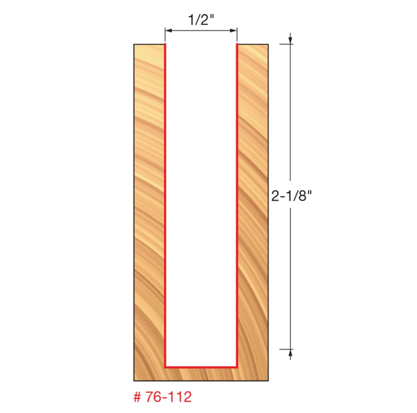 Woodworking profile diagram illustrating the 1/2-inch cutting width and 2-1/8-inch maximum cutting depth of the Freud 76-112 down spiral router bit in solid wood.