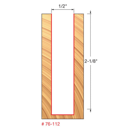 Woodworking profile diagram illustrating the 1/2-inch cutting width and 2-1/8-inch maximum cutting depth of the Freud 76-112 down spiral router bit in solid wood.