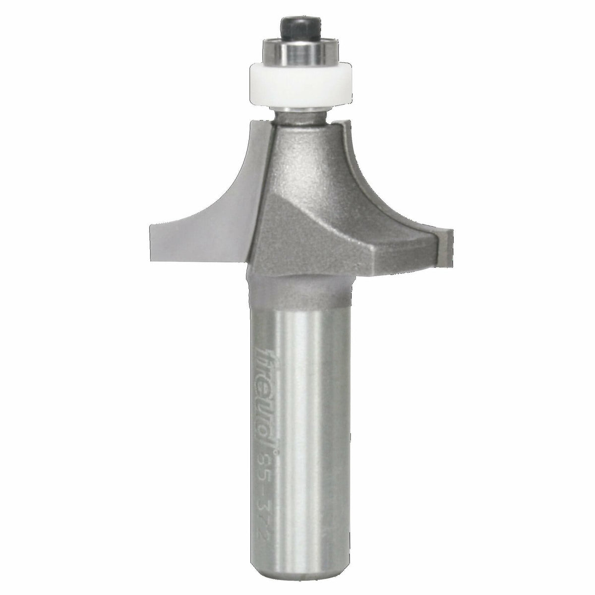 A detailed product shot of the Freud 85-372 rounding over bit with a 1/2 inch radius, showing the silver shank, the red carbide cutter, and the white non-marring guide bearing.