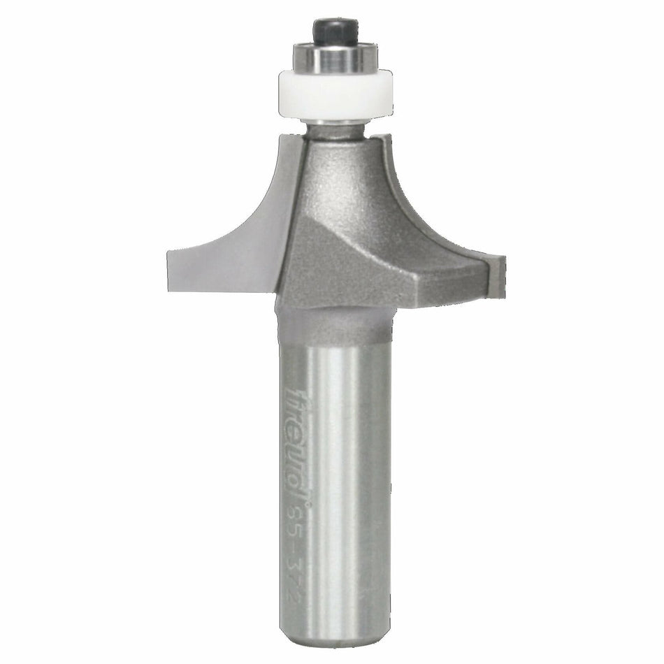 A detailed product shot of the Freud 85-372 rounding over bit with a 1/2 inch radius, showing the silver shank, the red carbide cutter, and the white non-marring guide bearing.