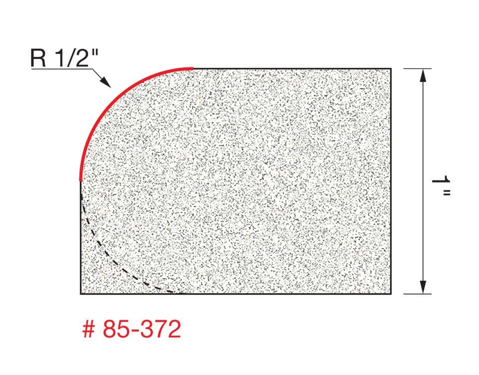 A profile diagram illustrating the 1/2 inch radius rounded edge cut (R 1/2") made on the corner of a solid surface material by the Freud 85-372 router bit.