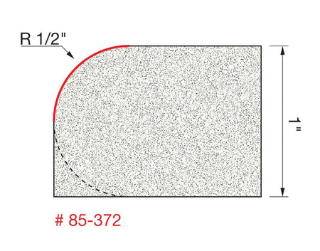 A profile diagram illustrating the 1/2 inch radius rounded edge cut (R 1/2") made on the corner of a solid surface material by the Freud 85-372 router bit.