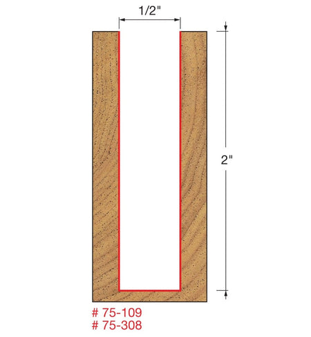 Technical diagram for the Freud 75-308 up spiral bit showing a 1/2 inch cutting diameter and a 2 inch carbide cutting height for deep mortises.