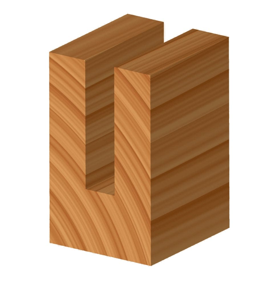 3D rendering of a deep, clean mortise cut into a wood block, illustrating the precision and quality of a Freud up spiral router bit.