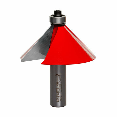 A studio image of the Freud 40-118 chamfer router bit, showing its large red 45-degree carbide head, top bearing, and 1/2-inch shank.