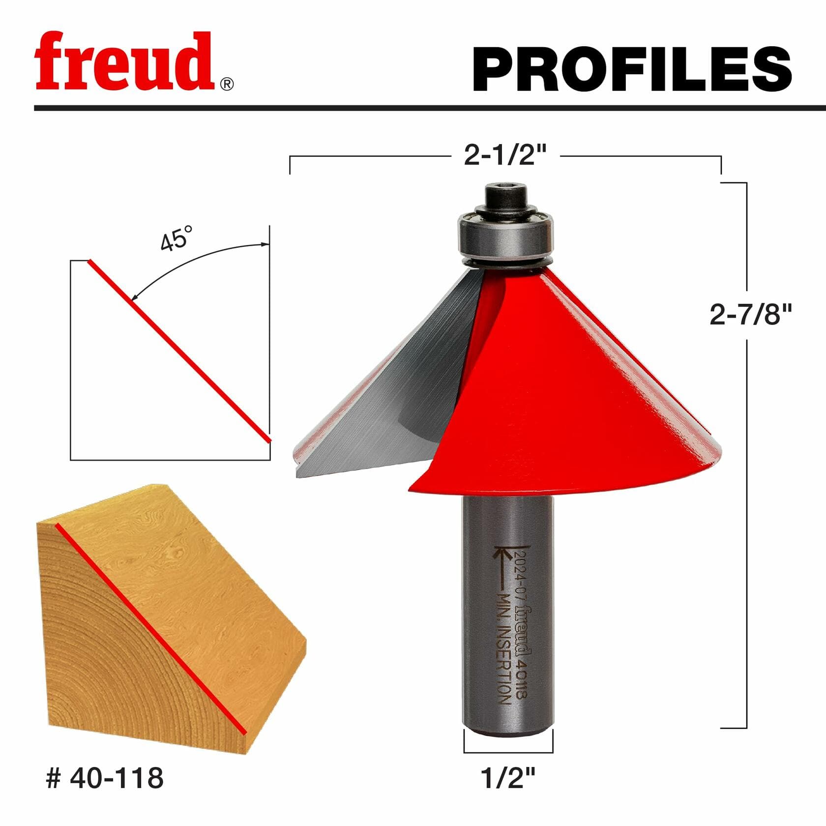A technical profile diagram for the Freud 40-118 chamfer bit, showing its 45-degree angle, 2-1/2-inch diameter, and 1/2-inch shank.