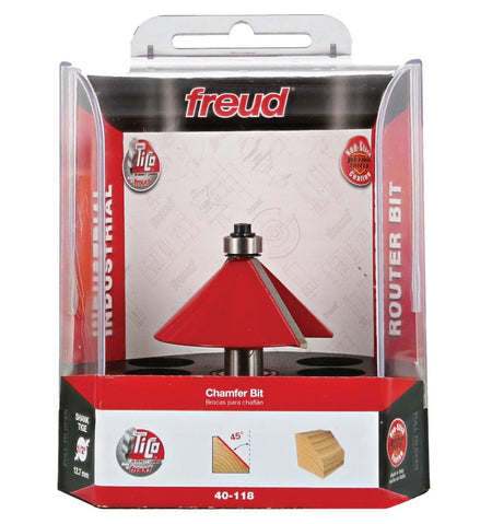 The Freud 40-118 chamfer bit in its clear and red retail packaging, displaying the 45-degree angle and 1/2-inch shank size.