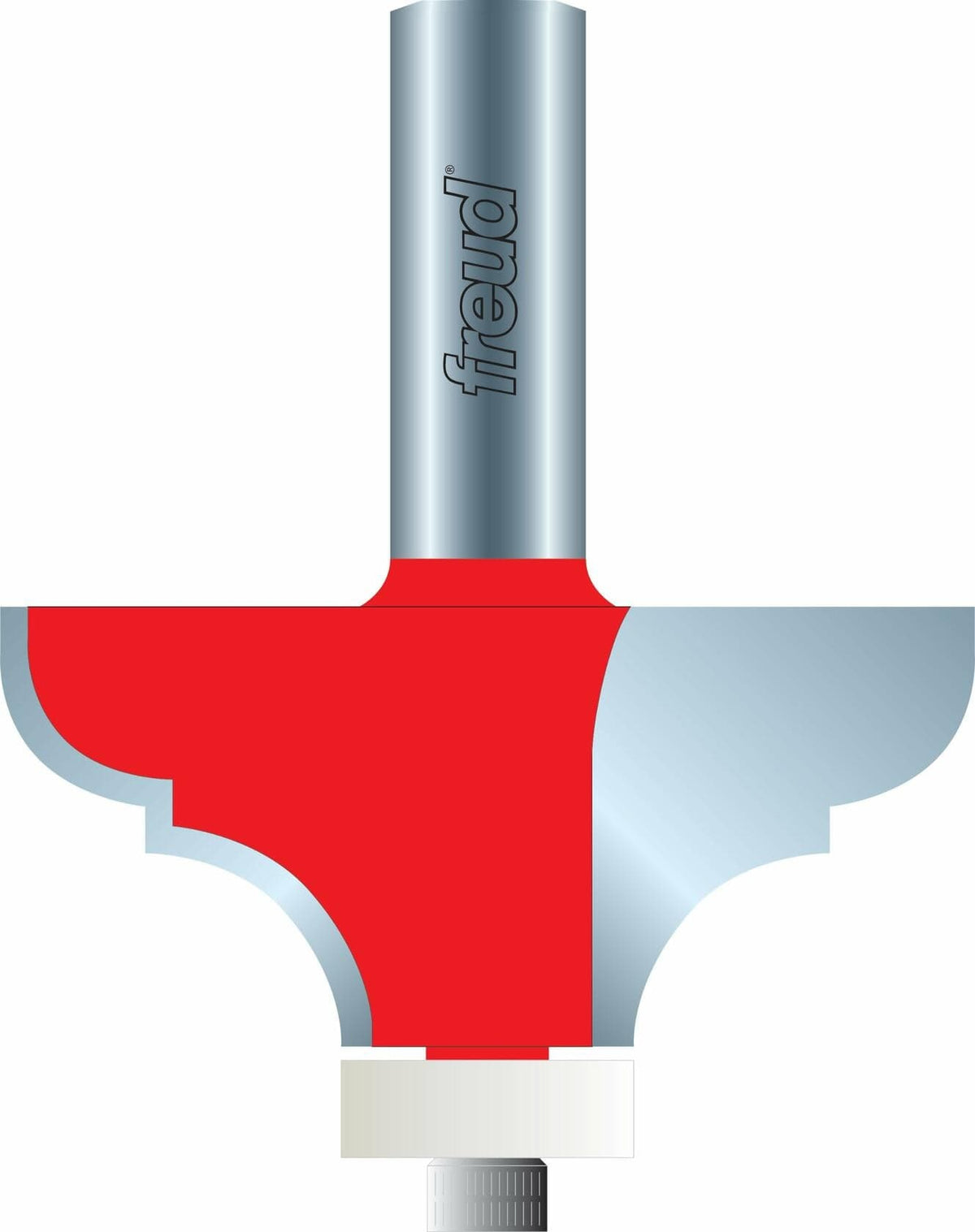 A detailed cross-section illustration of the Freud 85-105 solid surface edge profile router bit, showing the red carbide cutter, the 1/2 inch shank, and the white synthetic non-marring guide bearing.