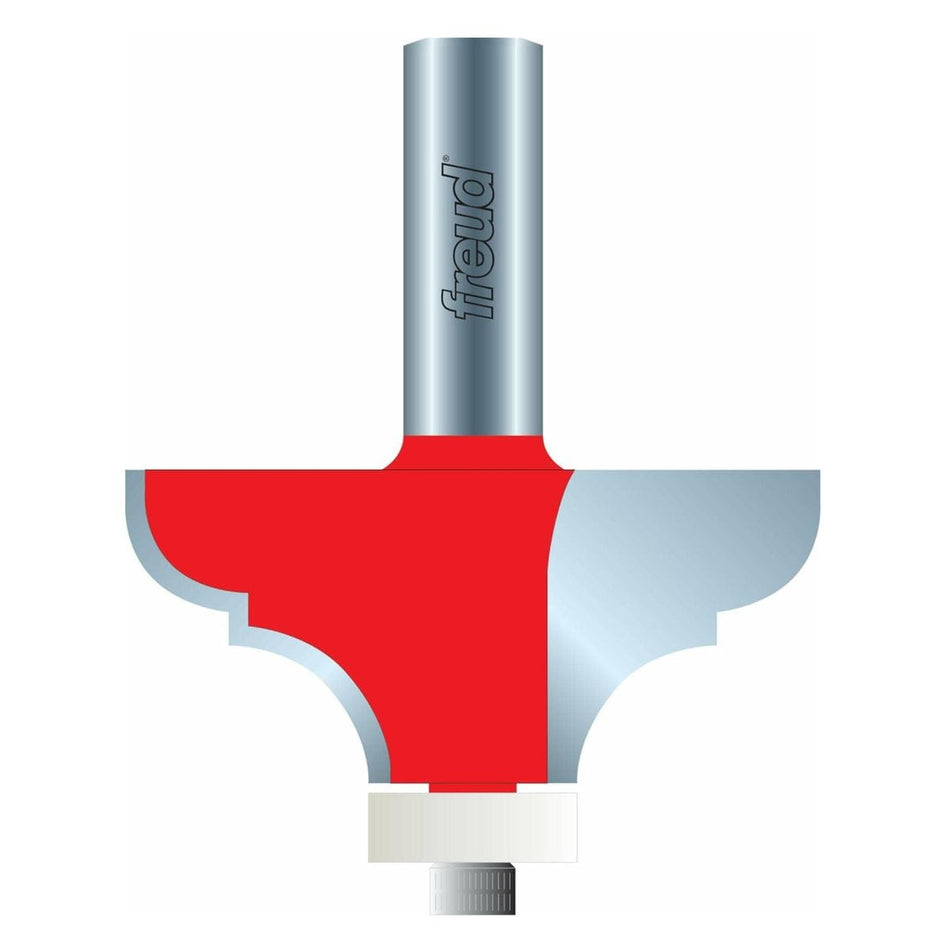 A detailed cross-section illustration of the Freud 85-105 solid surface edge profile router bit, showing the red carbide cutter, the 1/2 inch shank, and the white synthetic non-marring guide bearing.