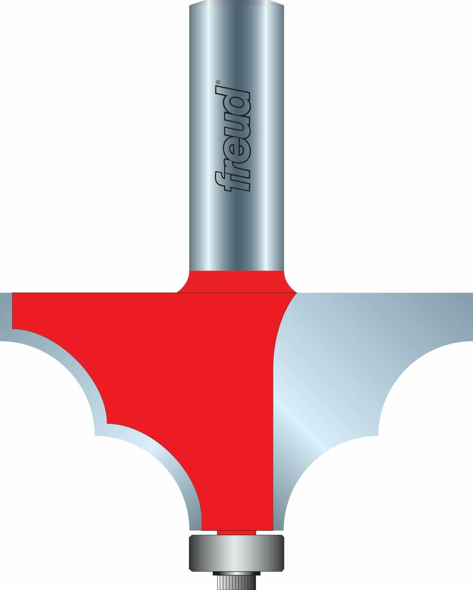 A detailed cross-section illustration of the Freud 85-108 solid surface edge profile router bit, showing the red carbide cutter creating a complex ogee-style decorative edge profile guided by the bottom steel bearing.