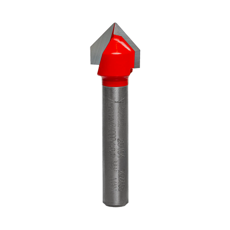 Studio shot of the Freud 39-152 Ogee Groove router bit featuring a red Perma-SHIELD body, carbide cutters, and 1/4 inch silver shank with laser etched text.