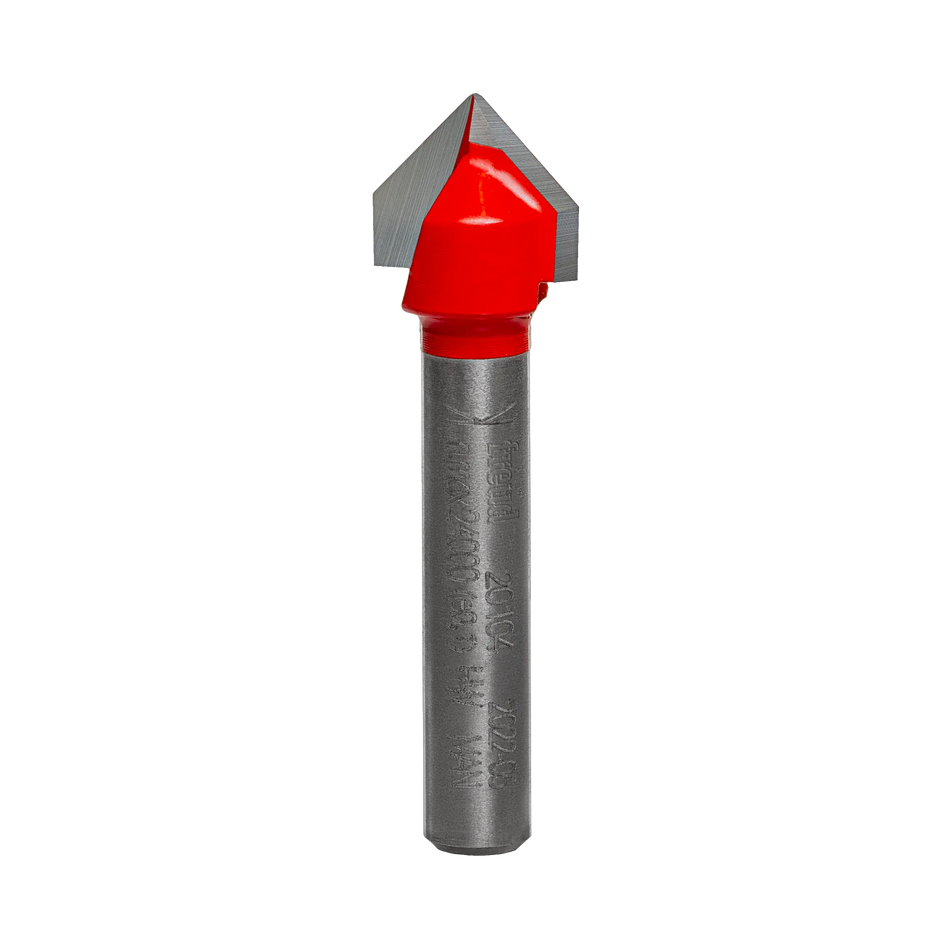 Studio shot of the Freud 39-152 Ogee Groove router bit featuring a red Perma-SHIELD body, carbide cutters, and 1/4 inch silver shank with laser etched text.