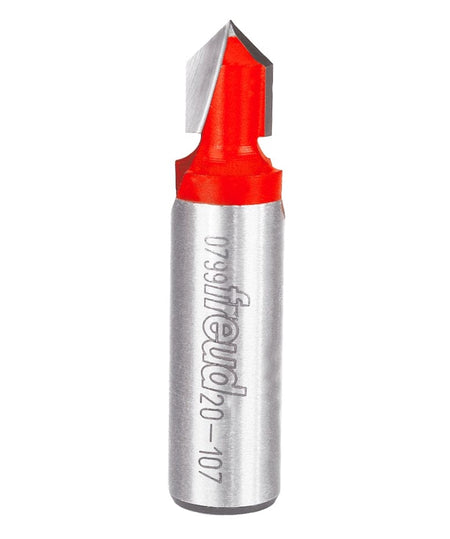 Studio product view of the Freud 20-107 router bit, featuring a 1/2 inch silver shank with laser-etched model numbers and a red Perma-SHIELD coated V-shaped cutting head with dual carbide tips.