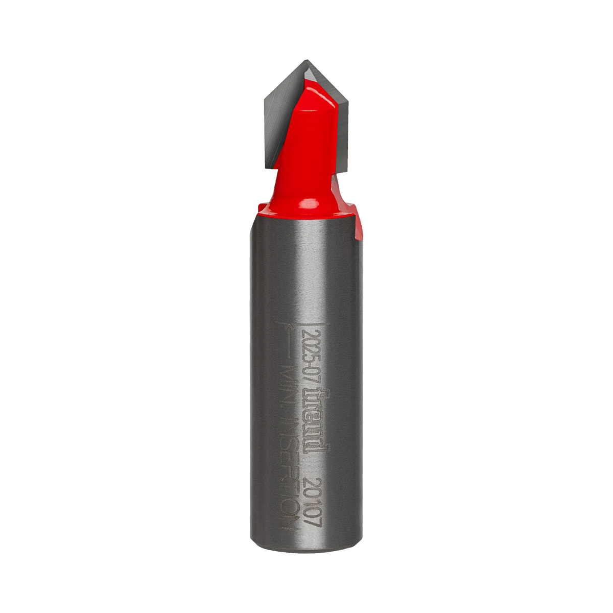 Studio product view of the Freud 20-107 router bit, featuring a 1/2 inch silver shank with laser-etched model numbers and a red Perma-SHIELD coated V-shaped cutting head with dual carbide tips.