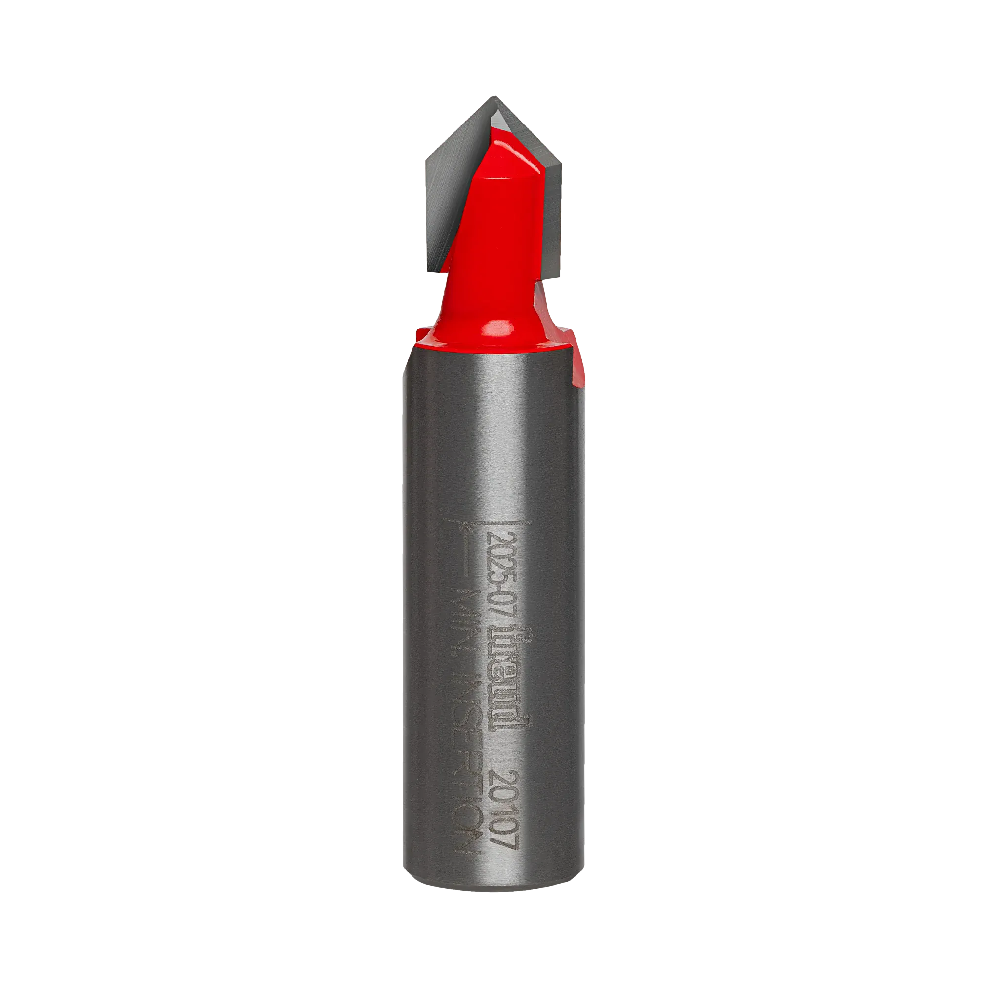 Studio product view of the Freud 20-107 router bit, featuring a 1/2 inch silver shank with laser-etched model numbers and a red Perma-SHIELD coated V-shaped cutting head with dual carbide tips.