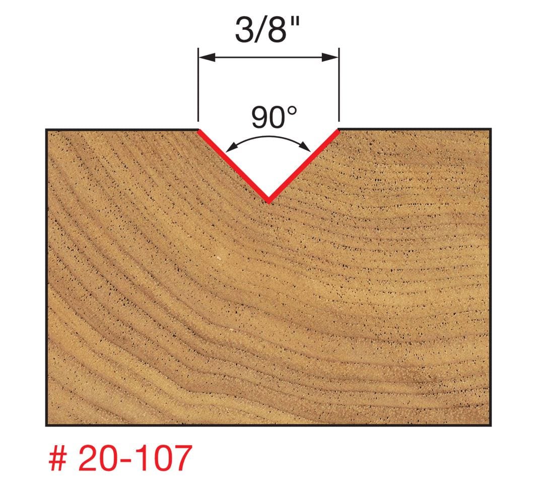 Technical diagram illustrating the cutting profile of the Freud 20-107 V-groove bit, showing a cross-section of a 90-degree angle cut into wood with a 3/8 inch top width.