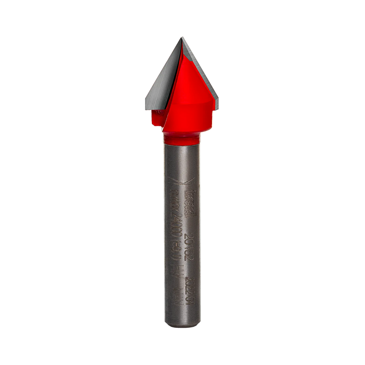 A side-profile view of the Freud 20-152 60-degree carbide V-groove bit against a white background, highlighting the precision-ground cutting edges and laser-etched model identification on the shank.
