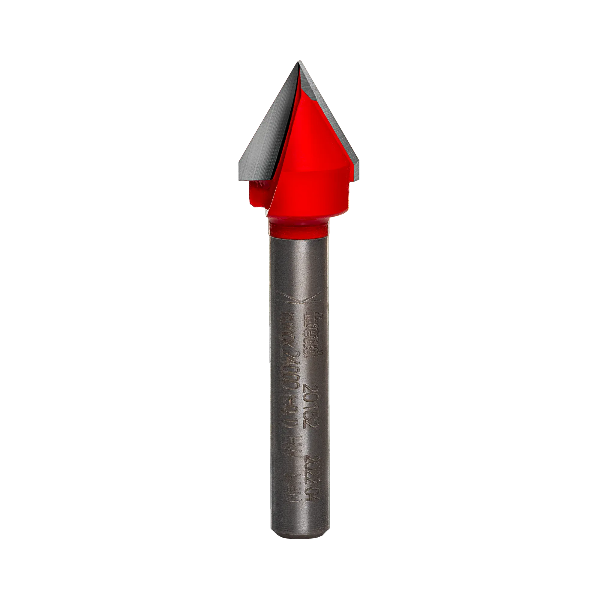 A side-profile view of the Freud 20-152 60-degree carbide V-groove bit against a white background, highlighting the precision-ground cutting edges and laser-etched model identification on the shank.