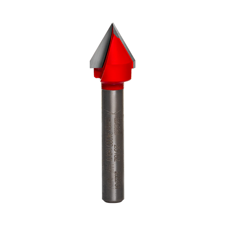 A side-profile view of the Freud 20-152 60-degree carbide V-groove bit against a white background, highlighting the precision-ground cutting edges and laser-etched model identification on the shank.