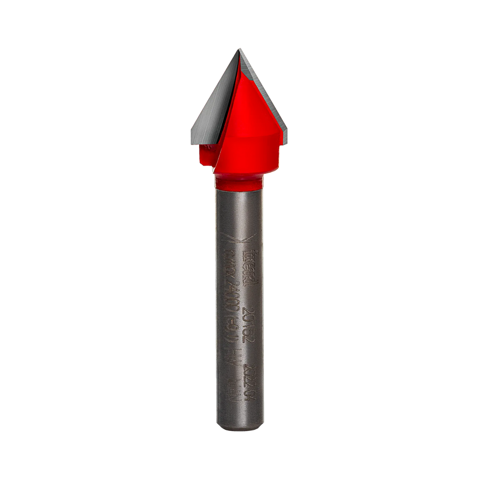 A side-profile view of the Freud 20-152 60-degree carbide V-groove bit against a white background, highlighting the precision-ground cutting edges and laser-etched model identification on the shank.