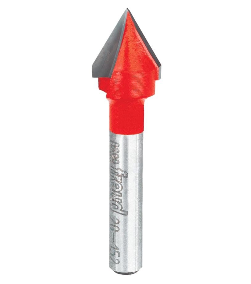A side-profile view of the Freud 20-152 60-degree carbide V-groove bit against a white background, highlighting the precision-ground cutting edges and laser-etched model identification on the shank.