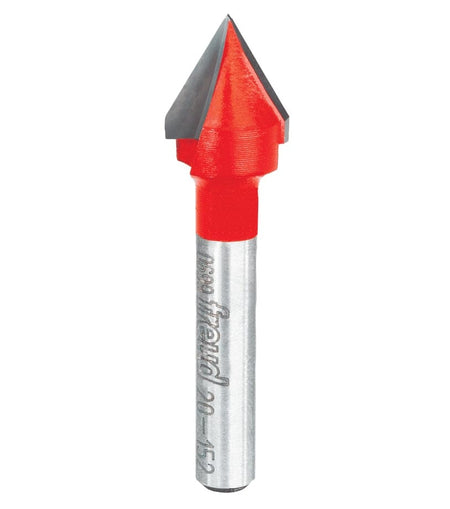 A side-profile view of the Freud 20-152 60-degree carbide V-groove bit against a white background, highlighting the precision-ground cutting edges and laser-etched model identification on the shank.