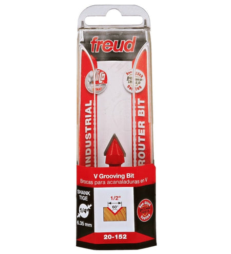 Retail clamshell packaging for the Freud 20-152 industrial V-grooving bit, displaying the 60-degree angle, 1/2-inch diameter, and 1/4-inch shank size for professional woodworking and sign making.