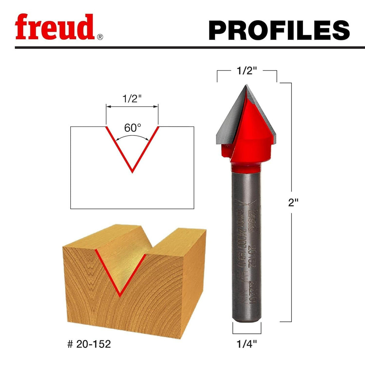 A technical profile diagram for the Freud 20-152 bit, illustrating a precise 60-degree V-shaped cut in a wood workpiece with an overall diameter of 1/2 inch and an overall length of 2 inches.
